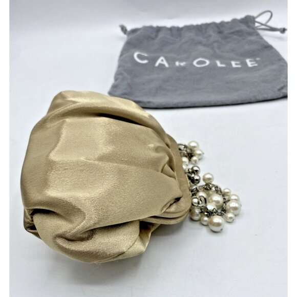 Carolee Mini Handbag Gold Satin Beaded Handle Evening Clutch Kiss Lock Purse - Picture 3 of 16